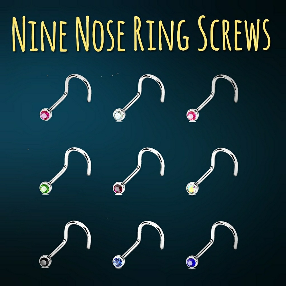 Nine Gemstone Nose Ring Screws 18GA